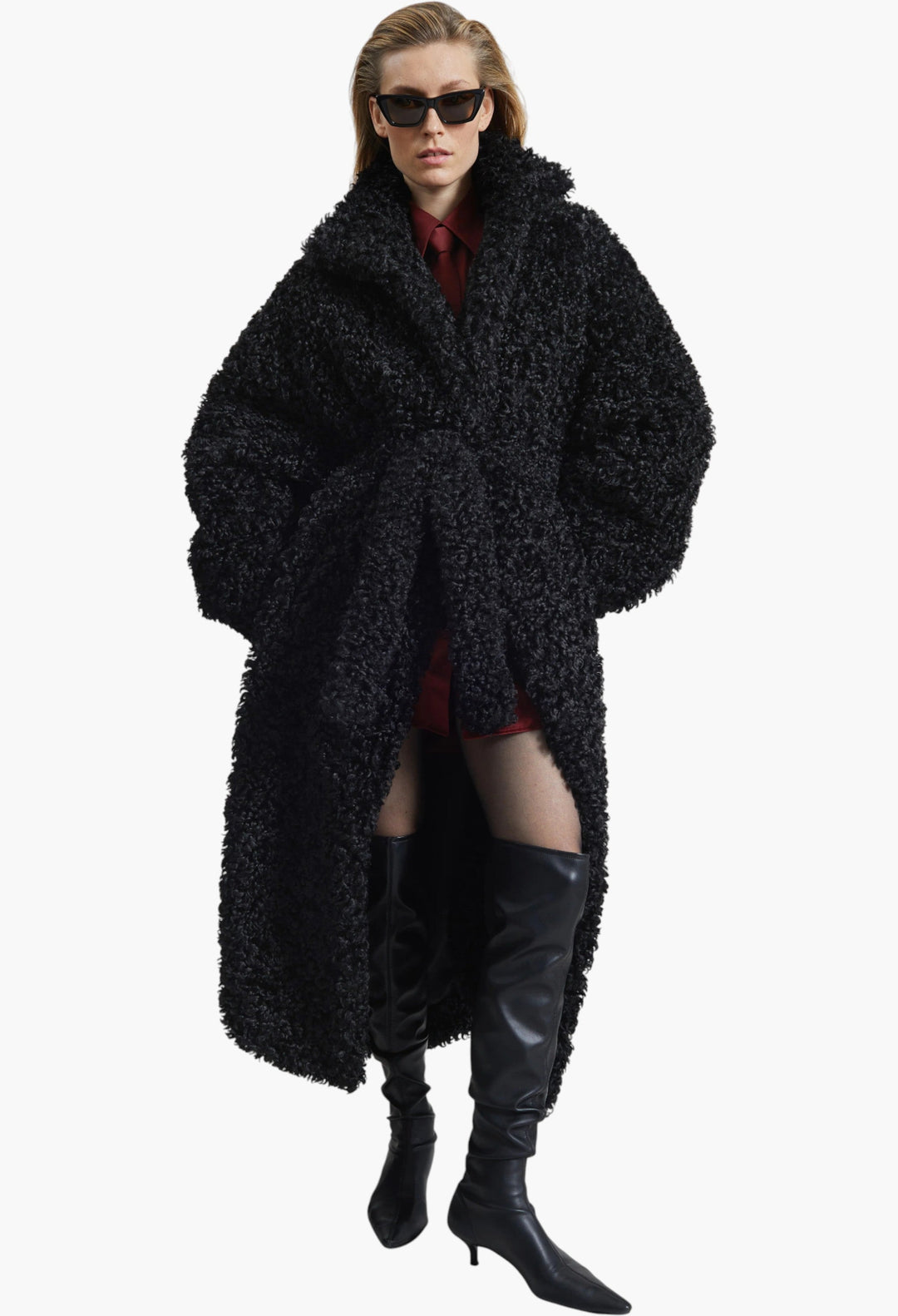 Ravello Faux Shearling Robe Coat - Black - GLAM MODA