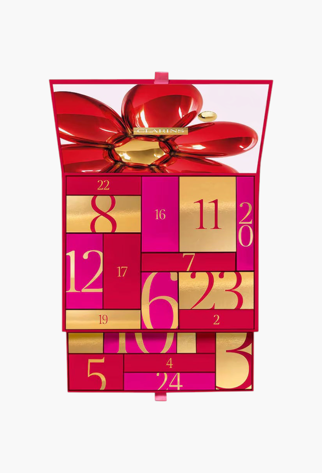 GLAM MODA Clarins 24-Day Beauty Advent Calendar in festive red and gold with numbered doors and a floral top design.