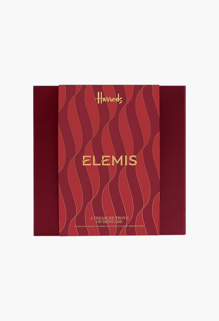 GLAM MODA Elemis A Treasure Trove of Skincare advent calendar in a red box with gold wavy patterns and gold lettering.