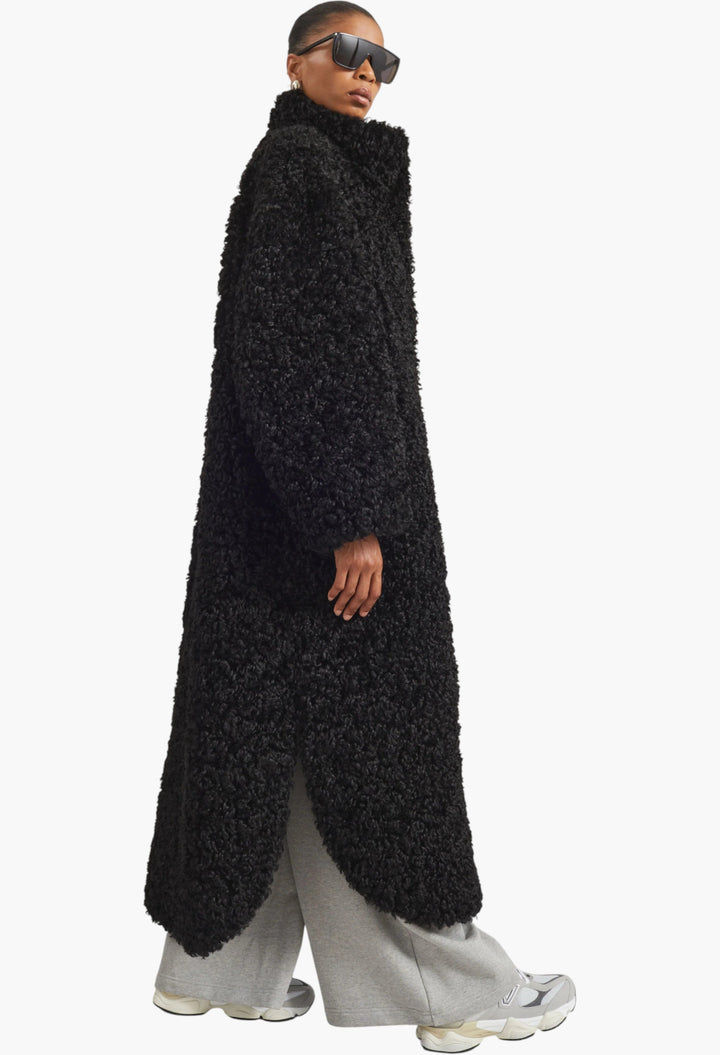 Ravello Faux Shearling Robe Coat - Black - GLAM MODA
