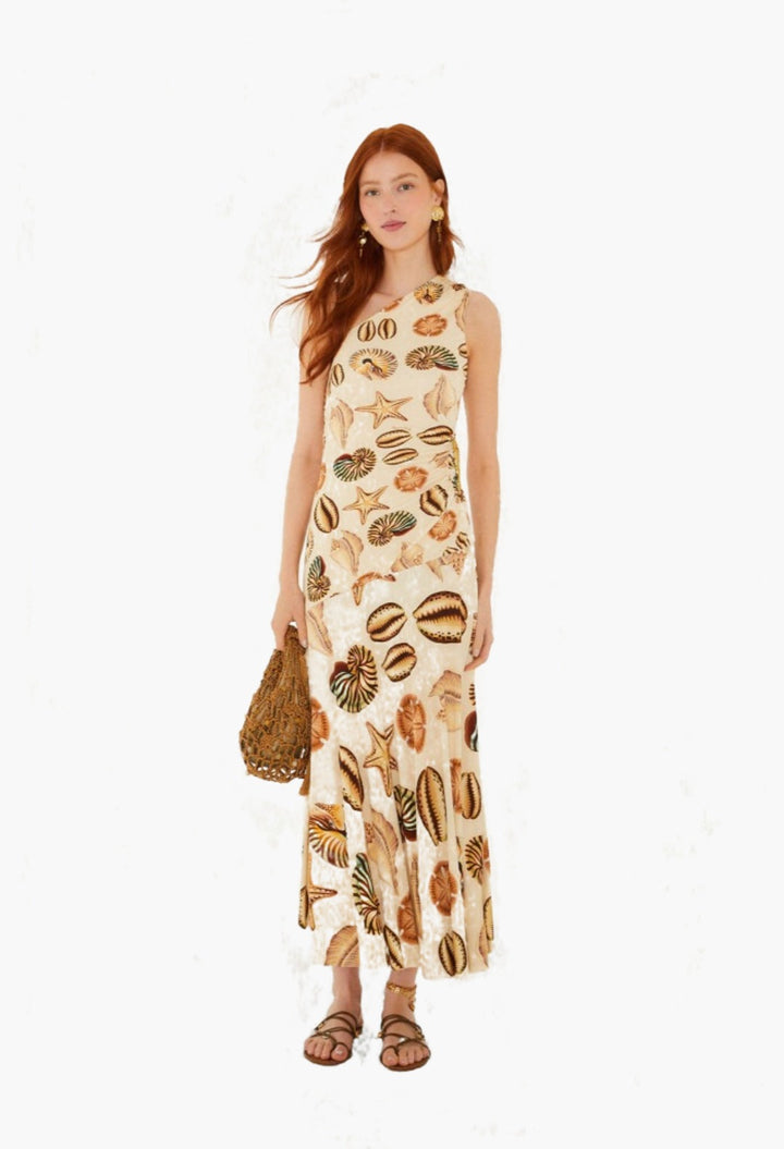 sand marine shells tassel one-shoulder maxi dress