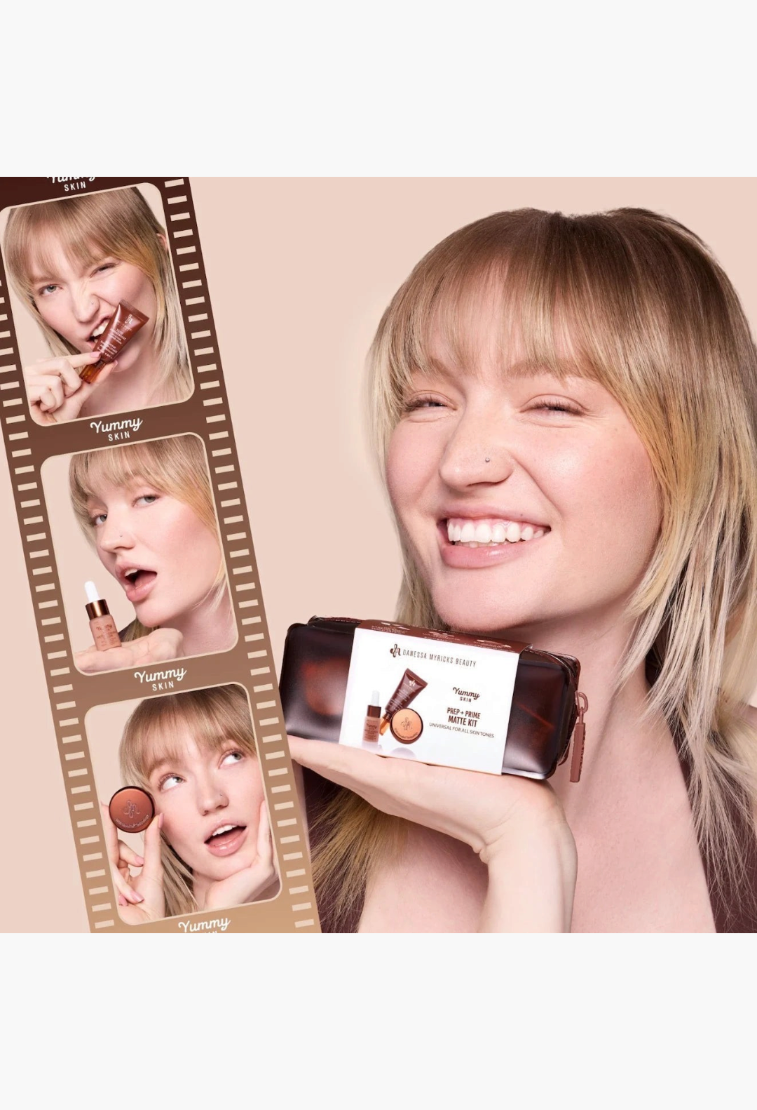 GLAM MODA model holding Danessa Myricks Beauty Yummy Skin mini matte prep and prime kit in a travel pouch