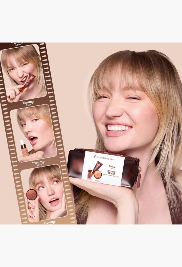 GLAM MODA model holding Danessa Myricks Beauty Yummy Skin mini matte prep and prime kit in a travel pouch