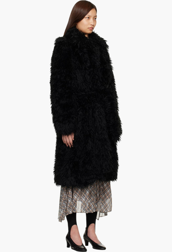 Black Belted Faux-Fur Coat - GLAM MODA