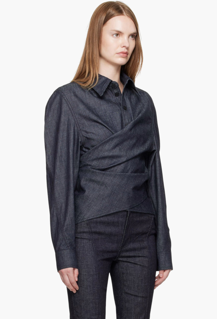 Indigo Wrapped Chambray Shirt - GLAM MODA