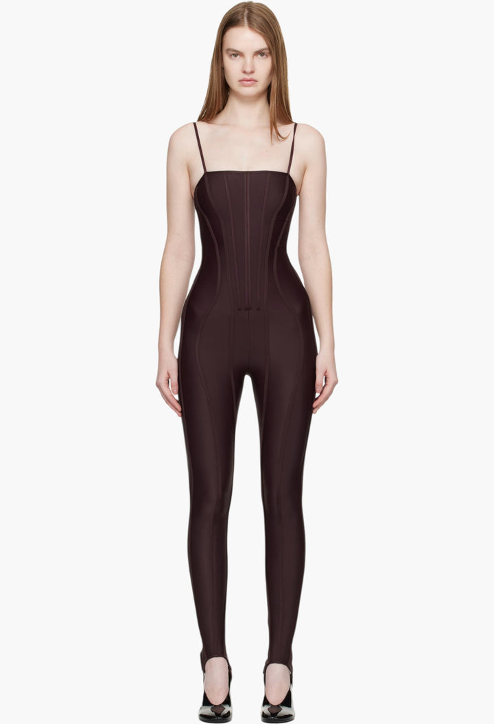 Burgundy Boned Stretch Catsuit - GLAM MODA