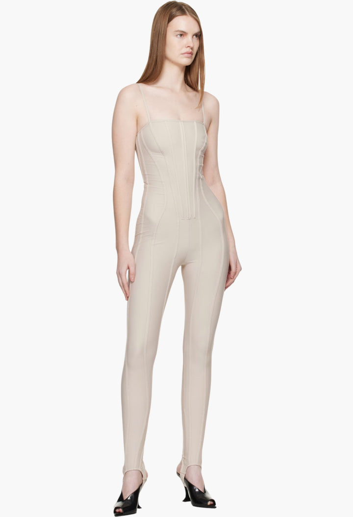 Beige Boned Stretch Catsuit - GLAM MODA