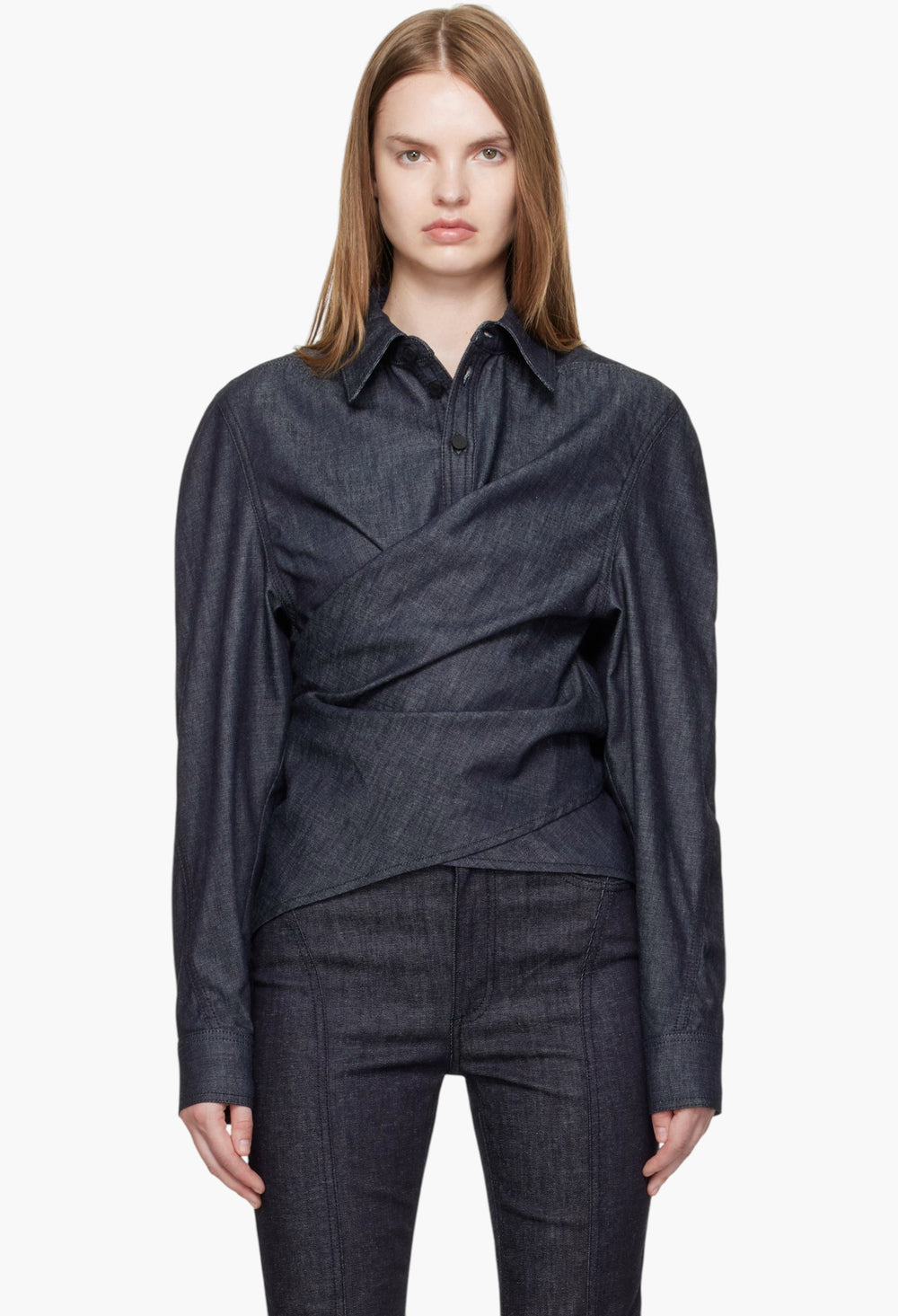 Indigo Wrapped Chambray Shirt - GLAM MODA