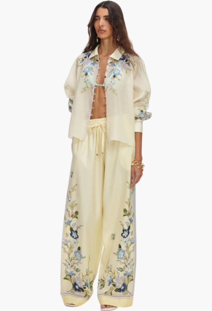 Yellow Floral Organza Trousers - GLAM MODA