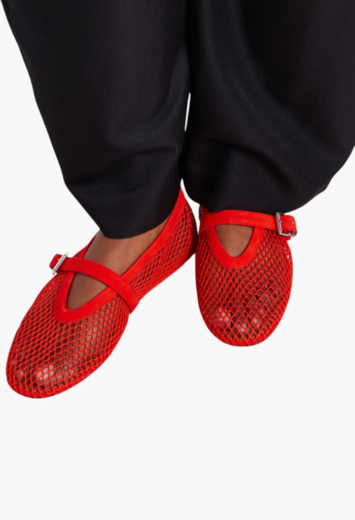 Fishnet Leather-Trimmed Mary Jane Flats - GLAM MODA