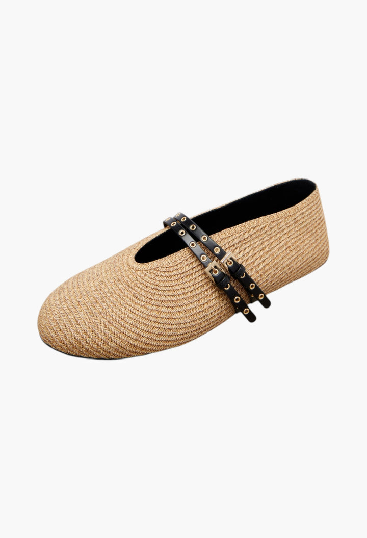 Paperstraw Leather-Trimmed Mary Jane Flats - GLAM MODA