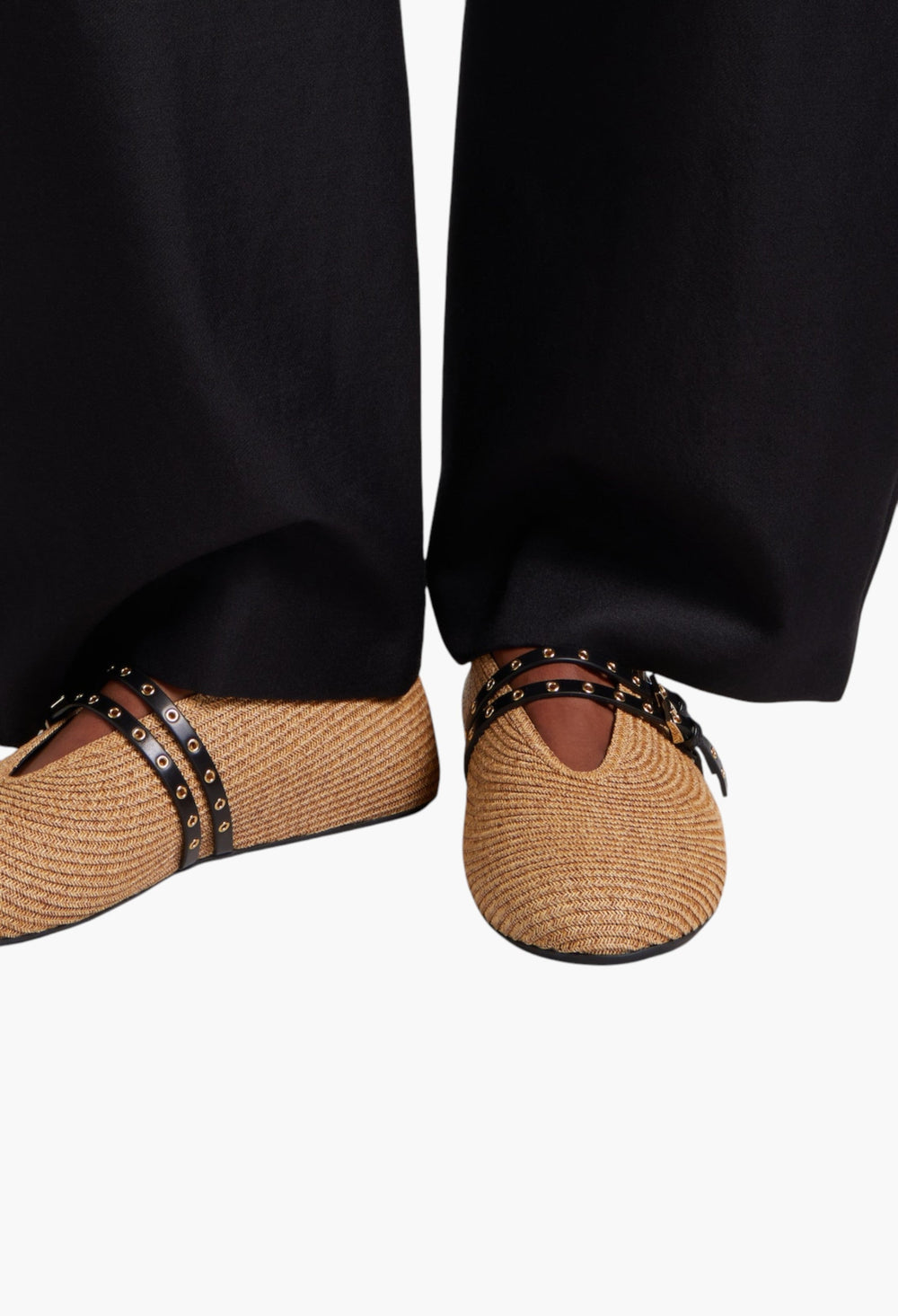 Paperstraw Leather-Trimmed Mary Jane Flats - GLAM MODA
