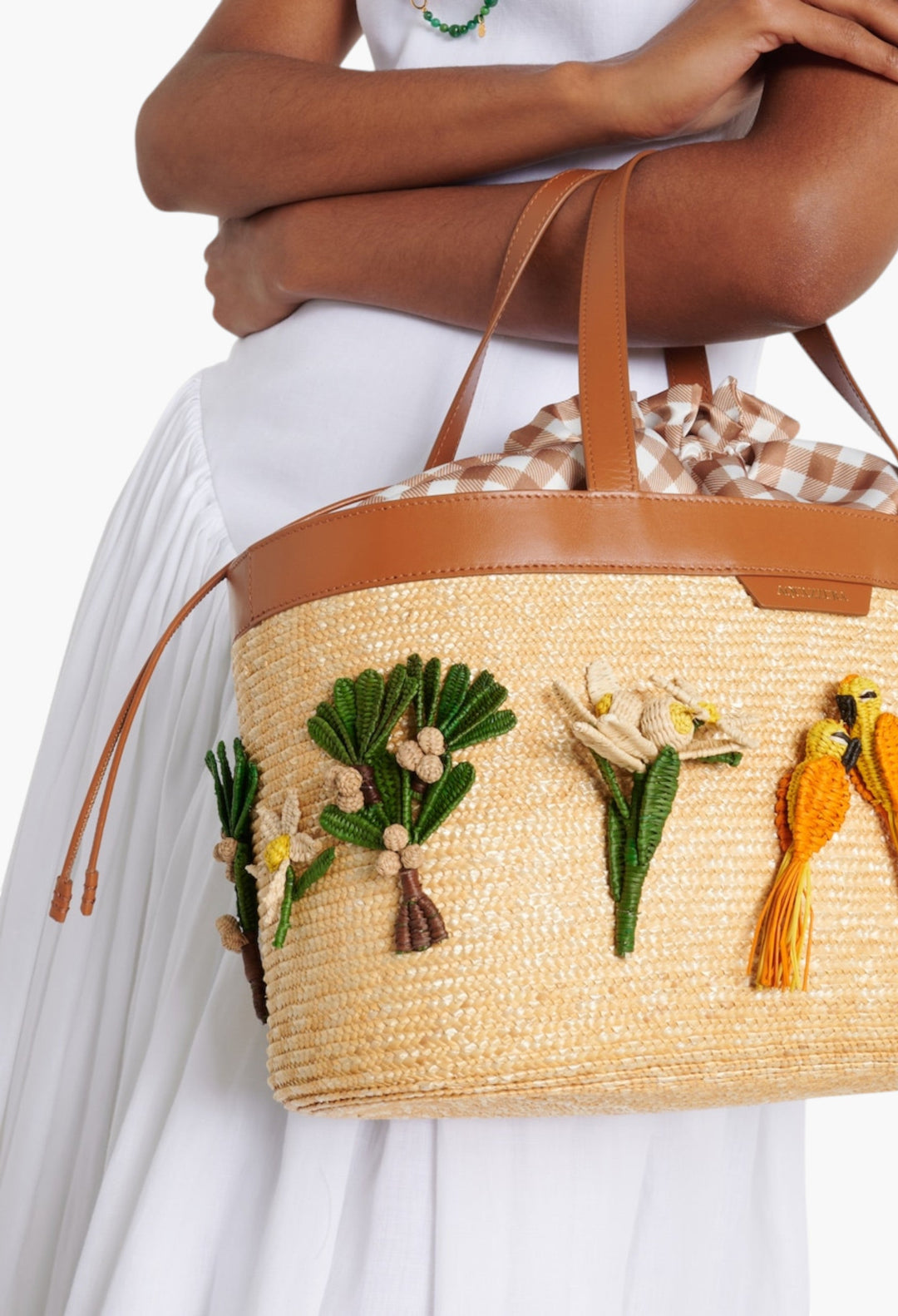Birdsong Appliqué Raffia Tote Bag