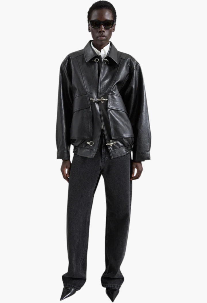 Utrecht Faux Leather Buckle Jacket - Black - GLAM MODA