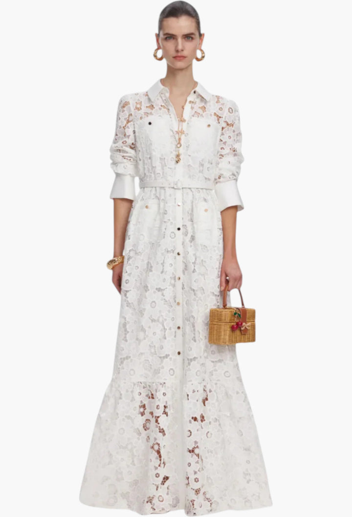 White Lace Collared Maxi Dress - GLAM MODA
