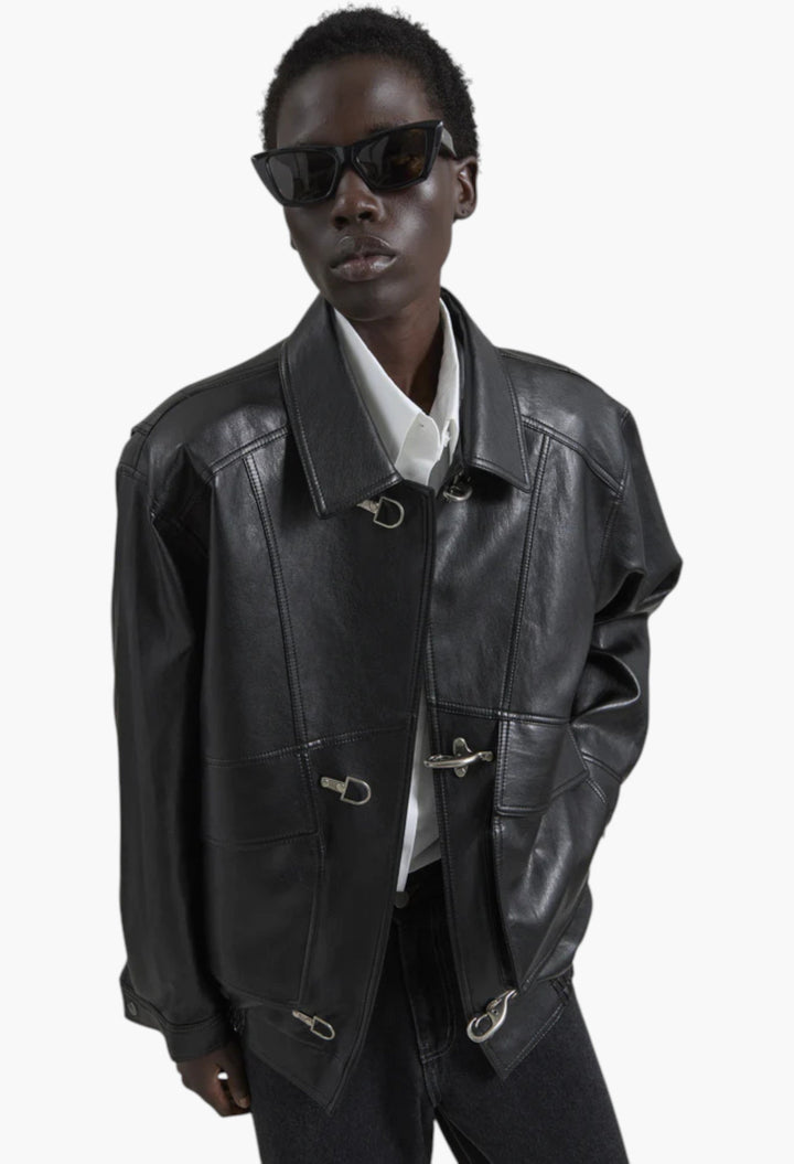 Utrecht Faux Leather Buckle Jacket - Black - GLAM MODA