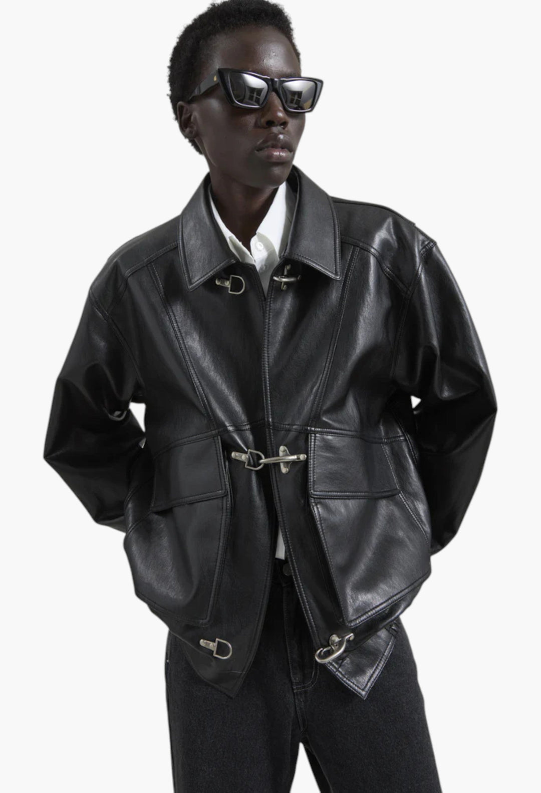 Utrecht Faux Leather Buckle Jacket - Black - GLAM MODA