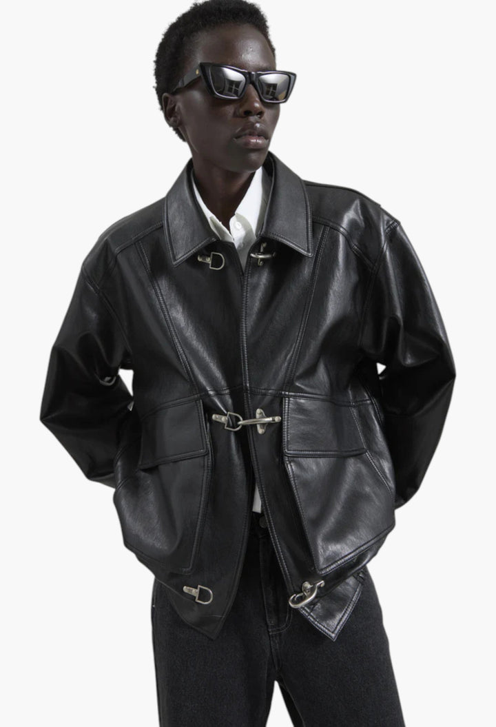 Utrecht Faux Leather Buckle Jacket - Black - GLAM MODA