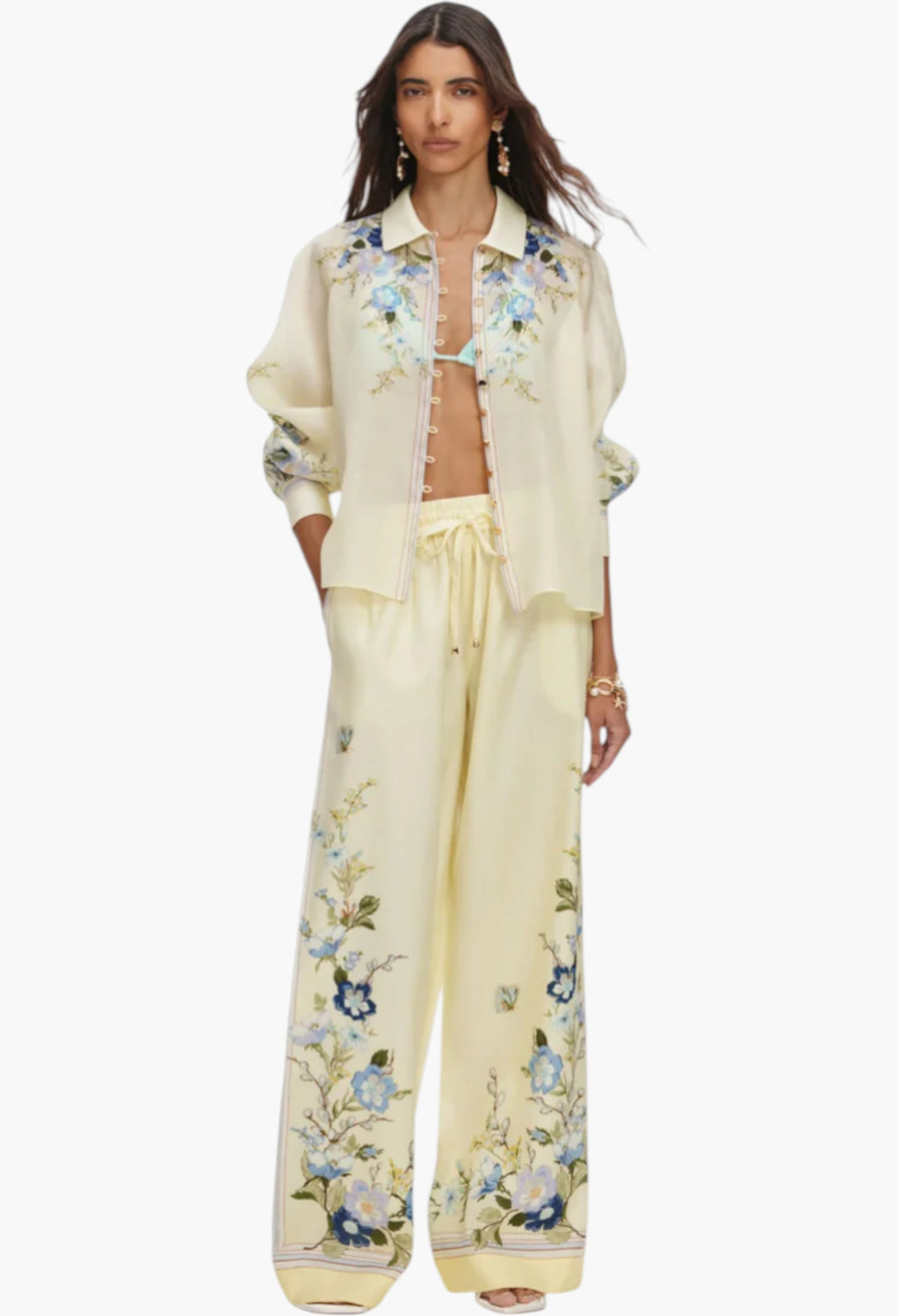 Yellow Floral Organza Trousers - GLAM MODA