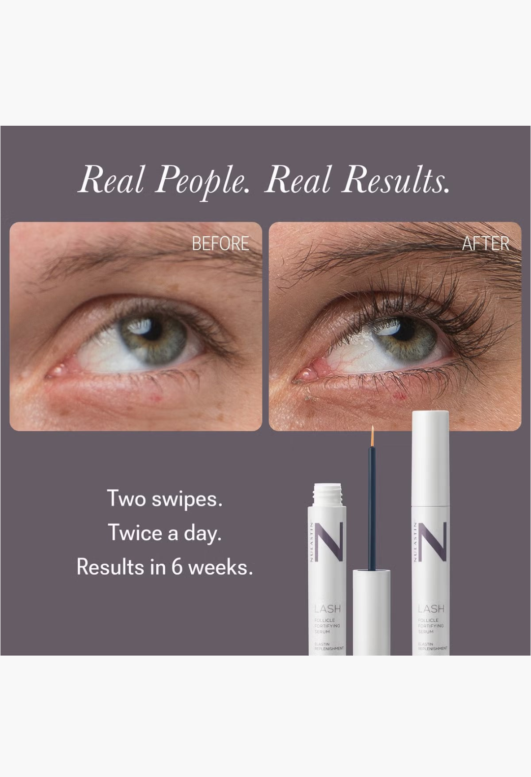 GLAM MODA NULASTIN lash serum before and after results showing longer, thicker lashes with the product packaging.