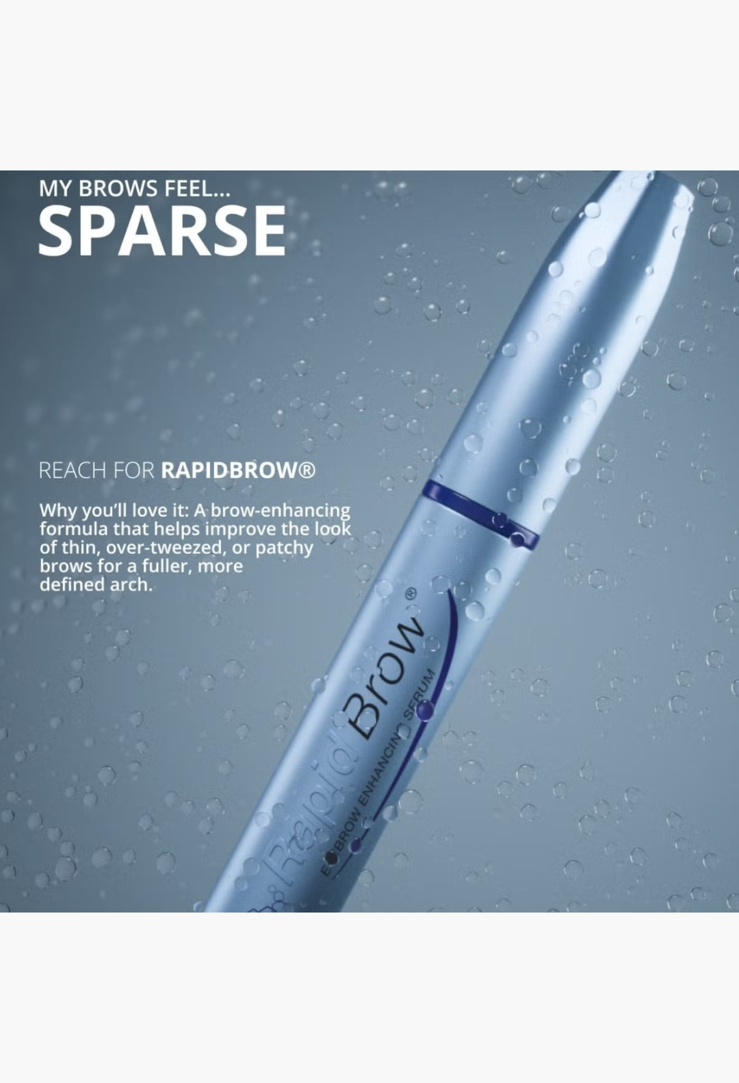 GLAM MODA RapidBrow eyebrow enhancing serum tube in light blue packaging with water droplets on a blue background.