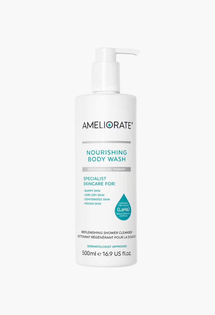 GLAM MODA AMELIORATE Nourishing Body Wash in a 500ml white pump bottle for dry and rough skin hydration.