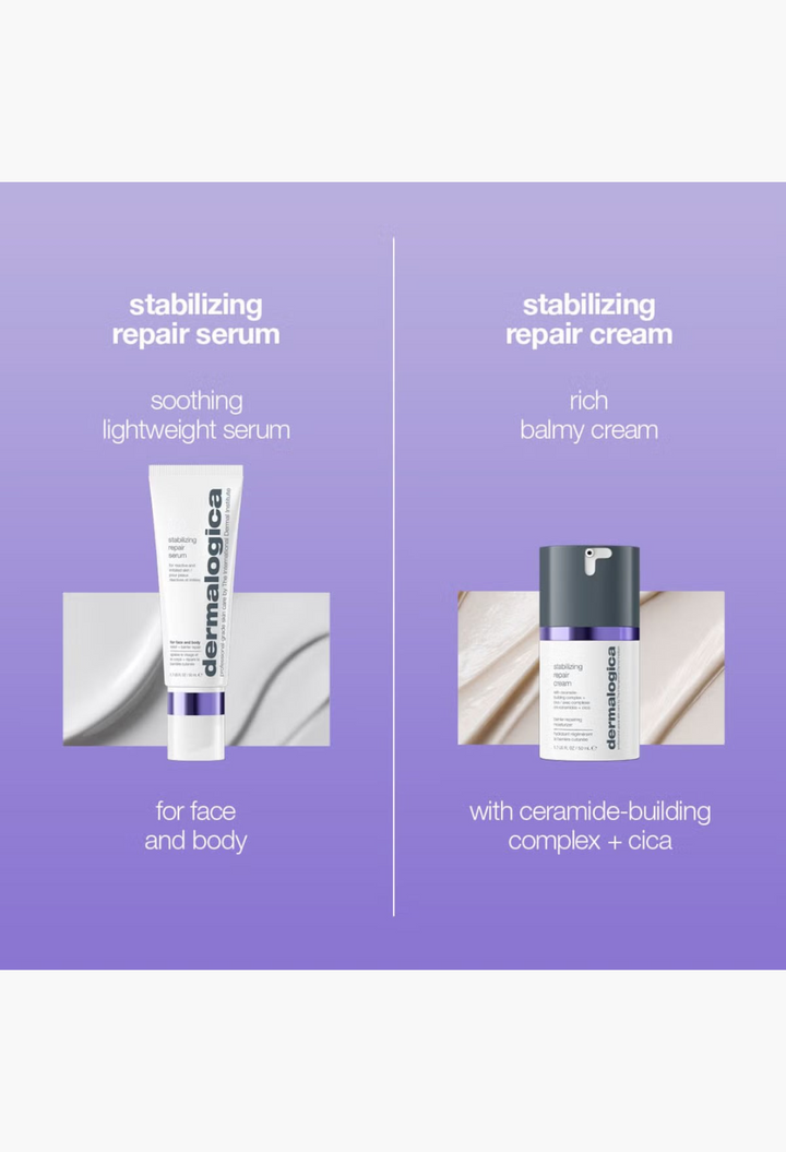 GLAM MODA Dermalogica Stabilizing Repair Serum and cream in white and grey packaging for sensitive skin care