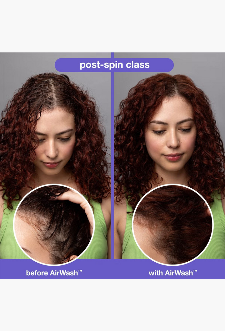 GLAM MODA before and after comparison of curly red hair showing increased volume and texture after using dry shampoo