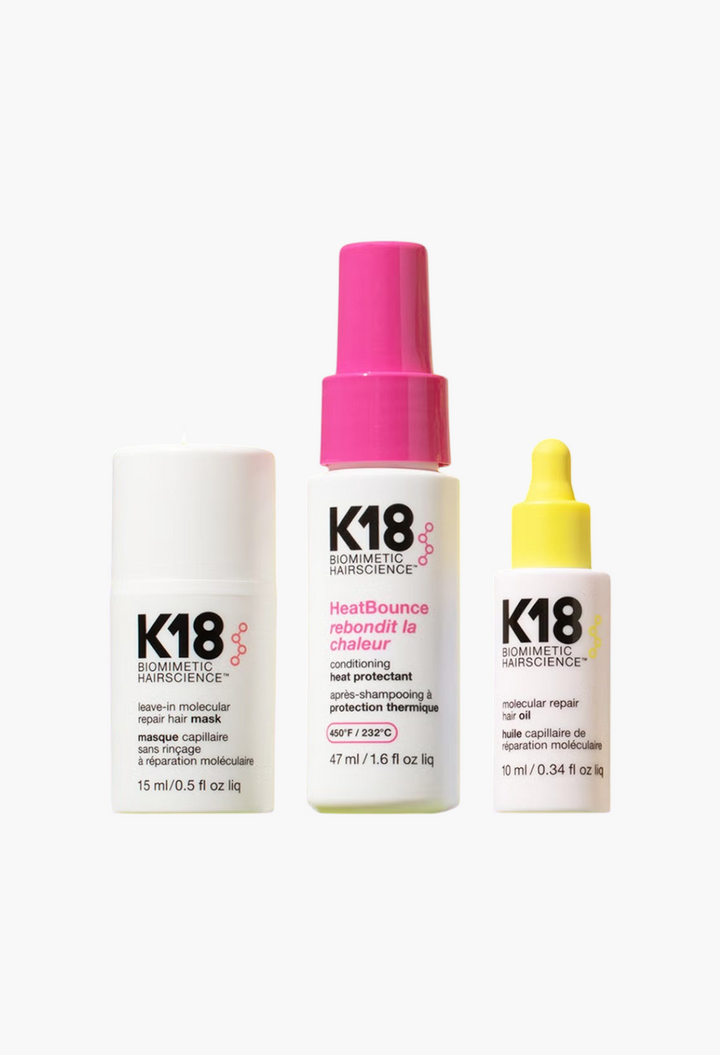GLAM MODA K18 Repair, Protect and Smooth hair care set featuring a mask, heat protectant spray, and molecular hair oil.