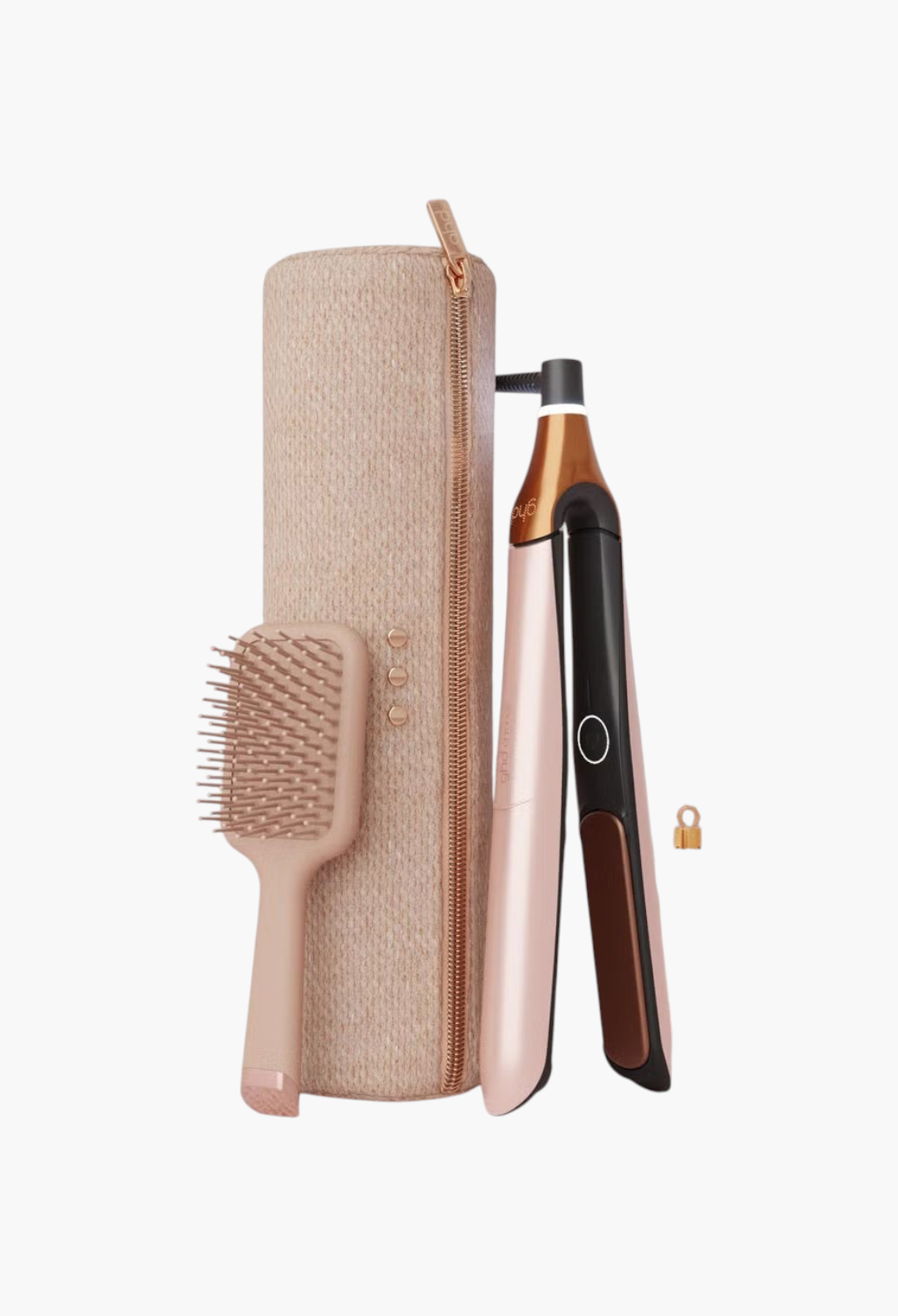 GLAM MODA ghd Chronos Styler gift set featuring a rose gold hair straightener, paddle brush, and travel storage bag.