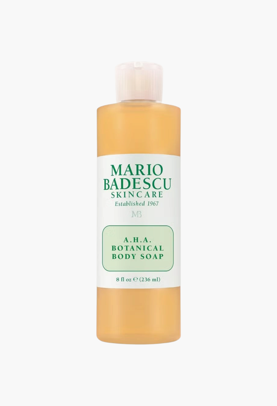 GLAM MODA Mario Badescu AHA Botanical Body Soap in a clear 8 fl oz bottle with a white label and green text.