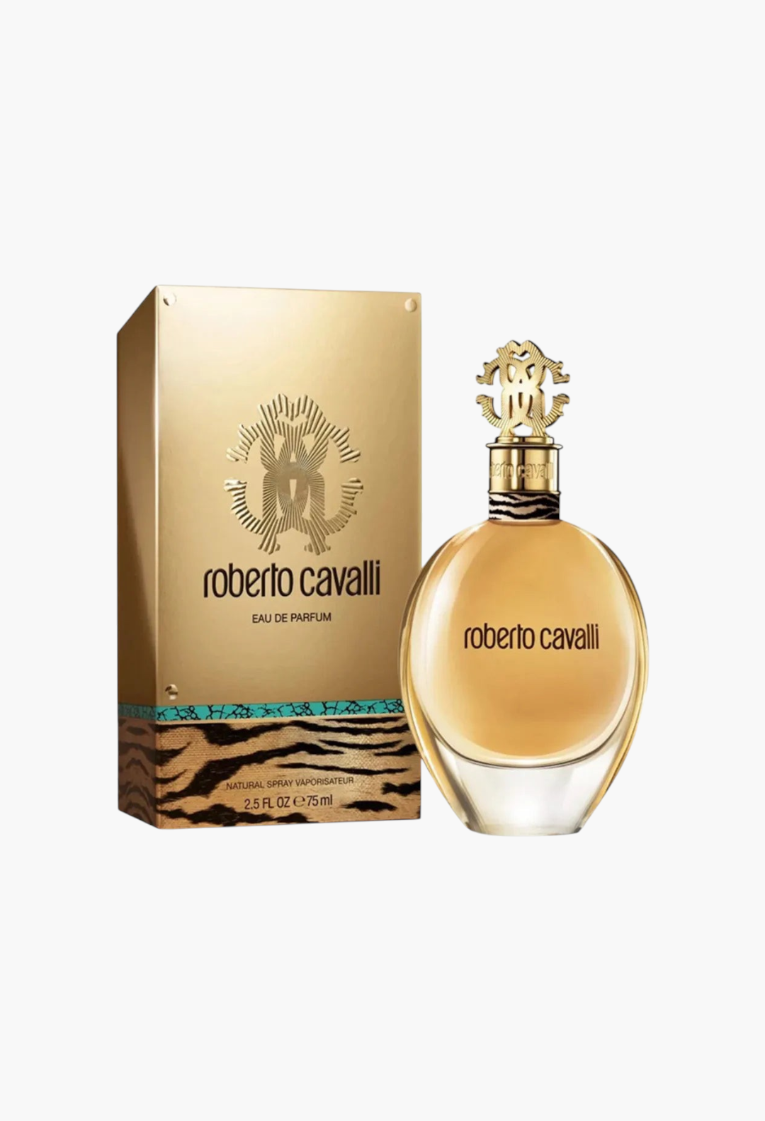 GLAM MODA Roberto Cavalli Eau de Parfum bottle and gold box with signature tiger print and ornate gold cap