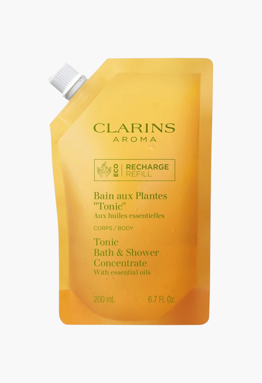 GLAM MODA Clarins Tonic Bath & Shower Concentrate eco-friendly refill pouch with essential oils for body cleansing.