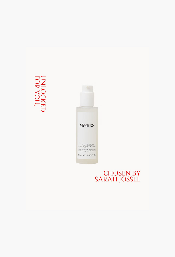 GLAM MODA Medik8 Total Moisture Daily Cleansing Gel in a clear pump bottle for hydrating facial cleansing.