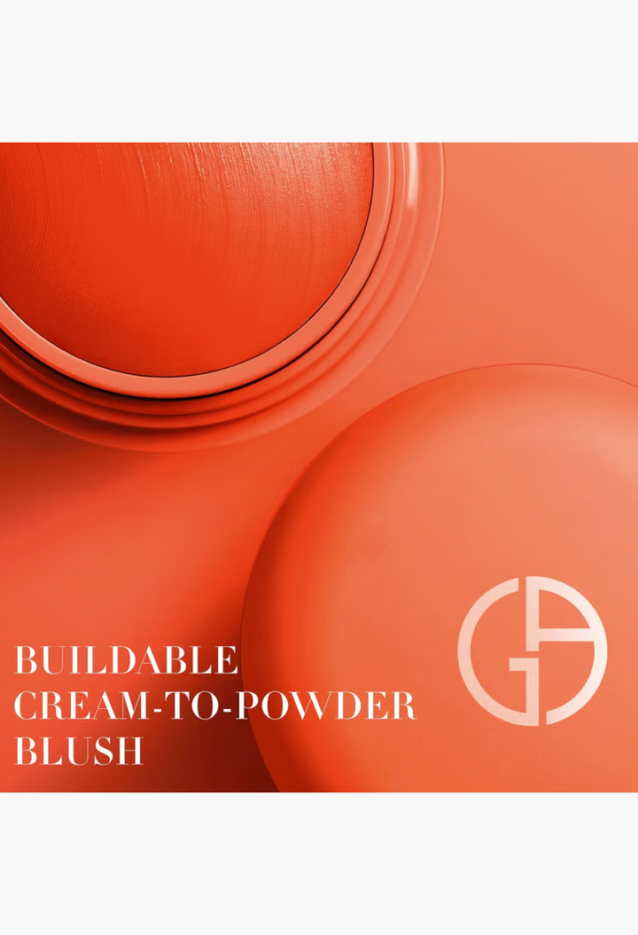 GLAM MODA Armani Beauty Dolci Blush in a vibrant orange cream-to-powder formula with a sleek compact case.