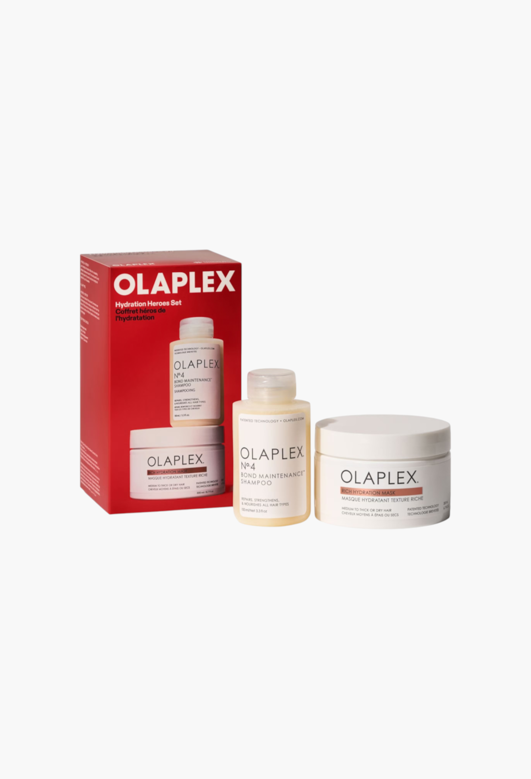 GLAM MODA OLAPLEX Hydration Heroes Set featuring No.4 Bond Maintenance Shampoo and Rich Hydration Mask for dry hair.