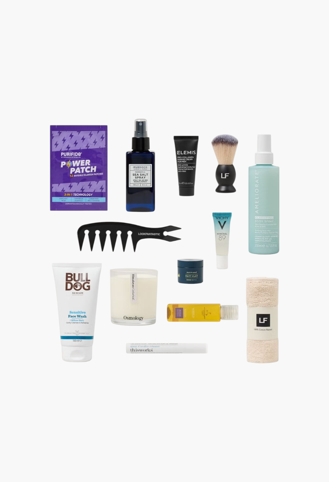 GLAM MODA grooming advent calendar featuring skincare, hair styling products, shaving tools, and a scented candle.