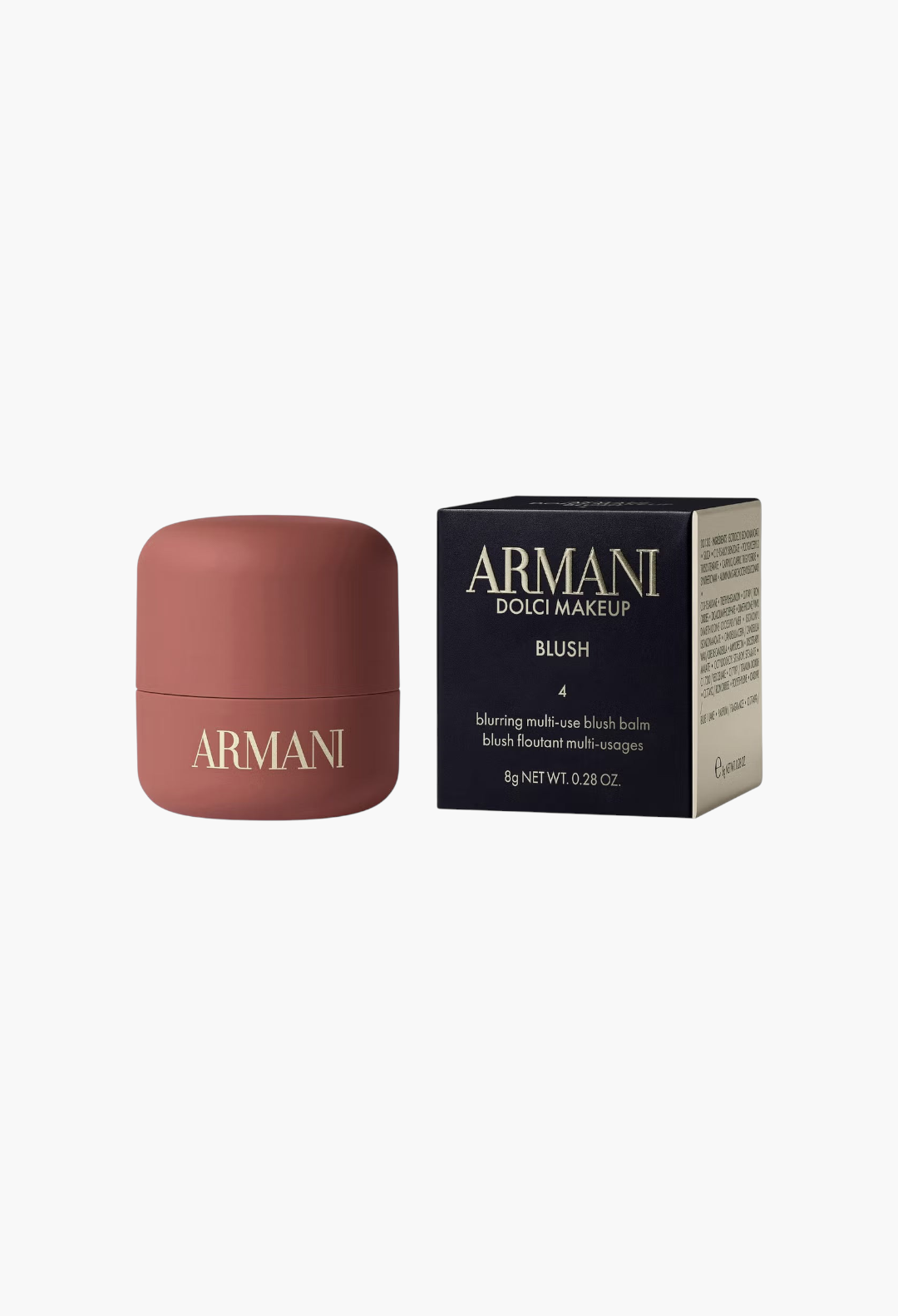 GLAM MODA Armani Dolci Blush cream-to-powder stick in a muted rose shade with its elegant black product packaging.