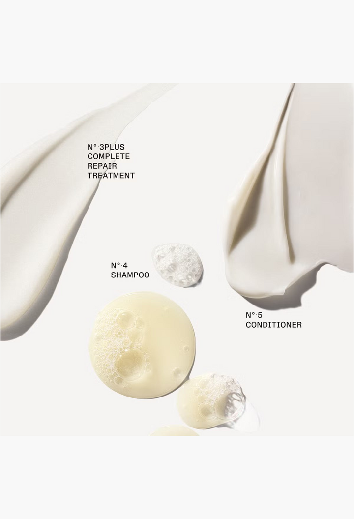 GLAM MODA Olaplex hair repair treatment and shampoo textures showing creamy white and translucent gel formulas