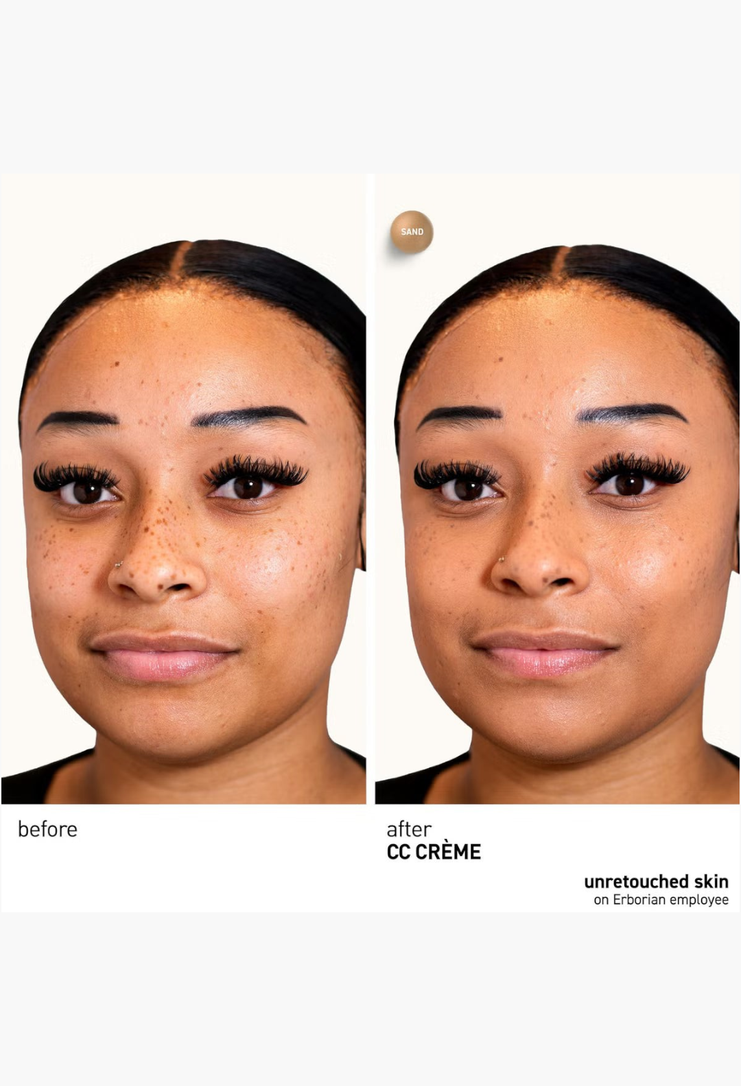 GLAM MODA Erborian CC Cream Porcelain before and after application showing even skin tone and blurred texture