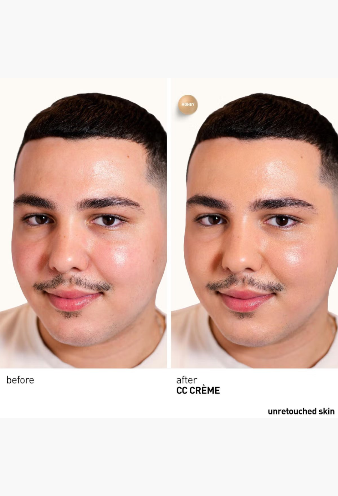 GLAM MODA Erborian CC Cream Porcelain showing a before and after comparison of skin tone correction on a male model.