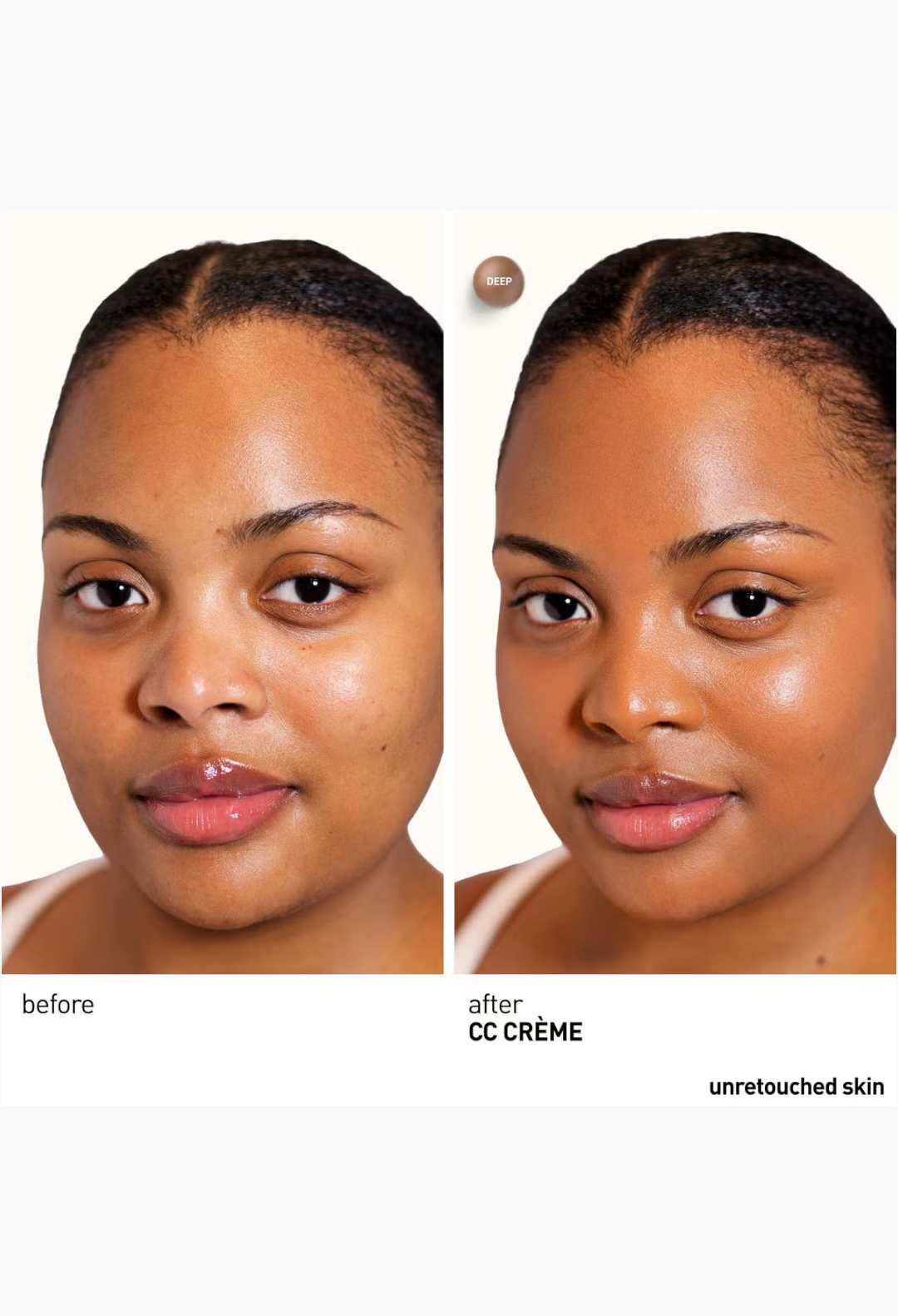 GLAM MODA Erborian CC Cream Porcelain before and after application showing even skin tone and radiant finish