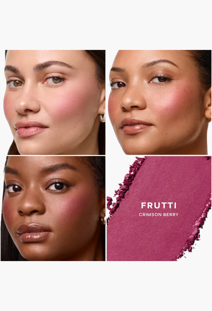 GLAM MODA Saie SuperSuede Radiant Blush in Frutti Crimson Berry shade shown on three diverse skin tones