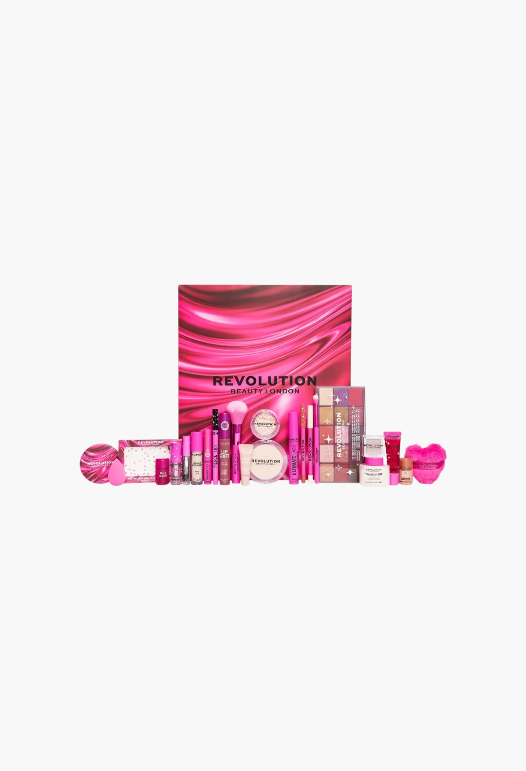 GLAM MODA Revolution Advent Calendar 2026 featuring a variety of pink and neutral makeup products and beauty tools.
