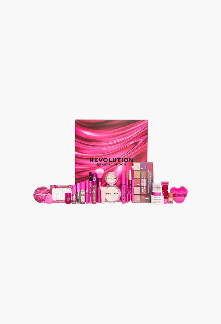 GLAM MODA Revolution Advent Calendar 2026 featuring a variety of pink and neutral makeup products and beauty tools.