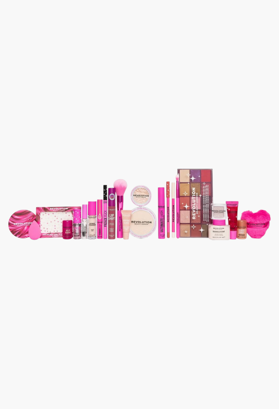 GLAM MODA Revolution Advent Calendar 2026 featuring a collection of pink and neutral makeup products and brushes.