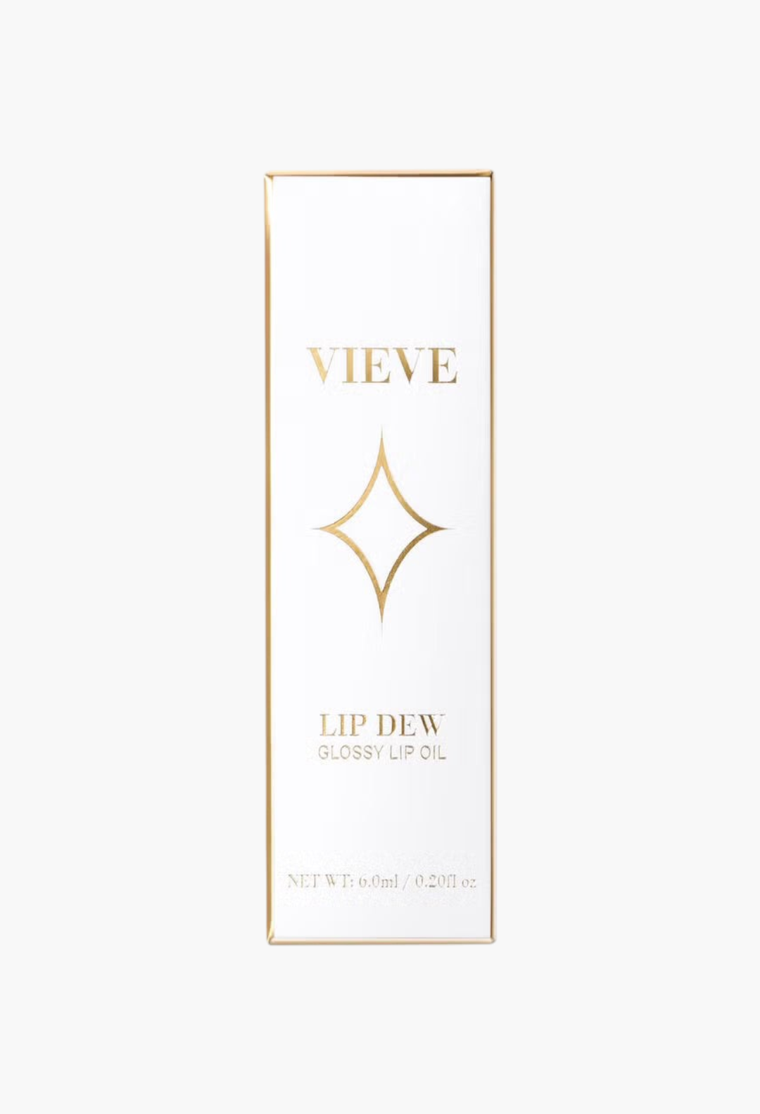 GLAM MODA VIEVE Lip Dew glossy lip oil packaging in a white box with elegant gold star logo and lettering