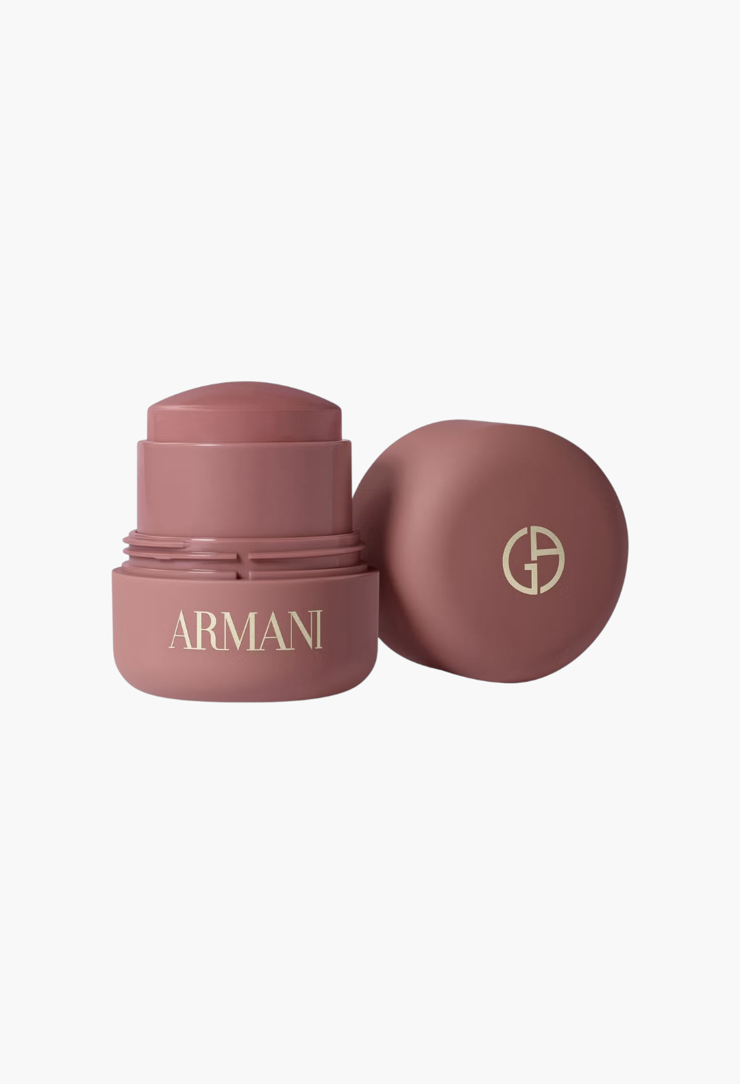 GLAM MODA Armani Beauty Dolci Blush cream-to-powder stick in a dusty rose shade with the iconic GA logo on the cap.