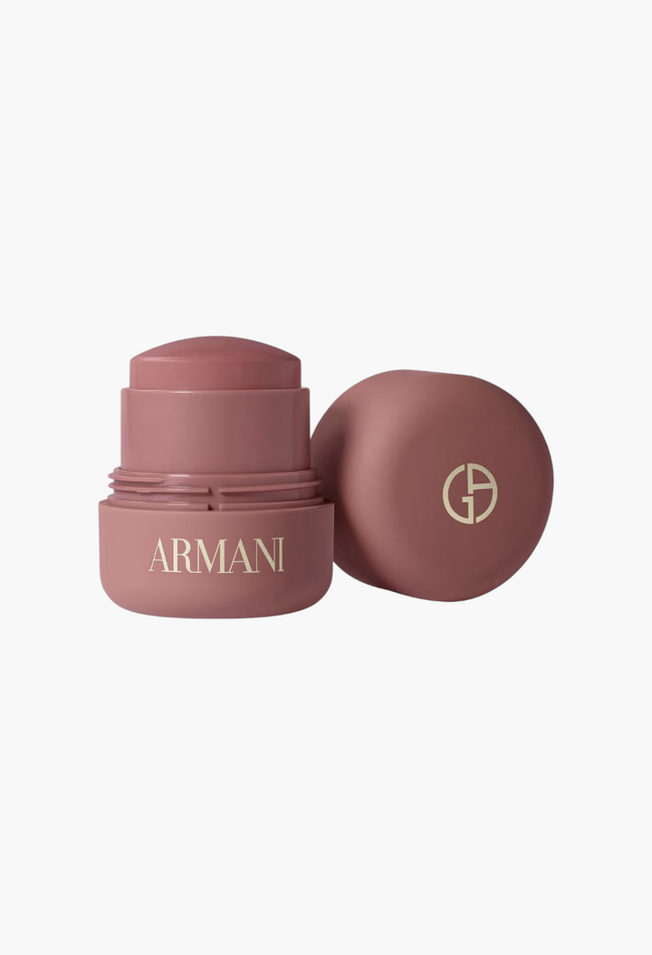 GLAM MODA Armani Dolci Blush in a dusty rose cream-to-powder stick with a matching cap and gold logo branding.