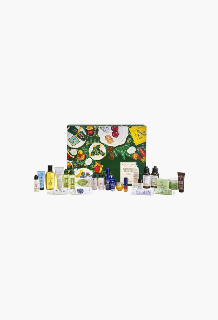 GLAM MODA L'Occitane beauty advent calendar featuring 24 skincare and body care minis with festive green packaging